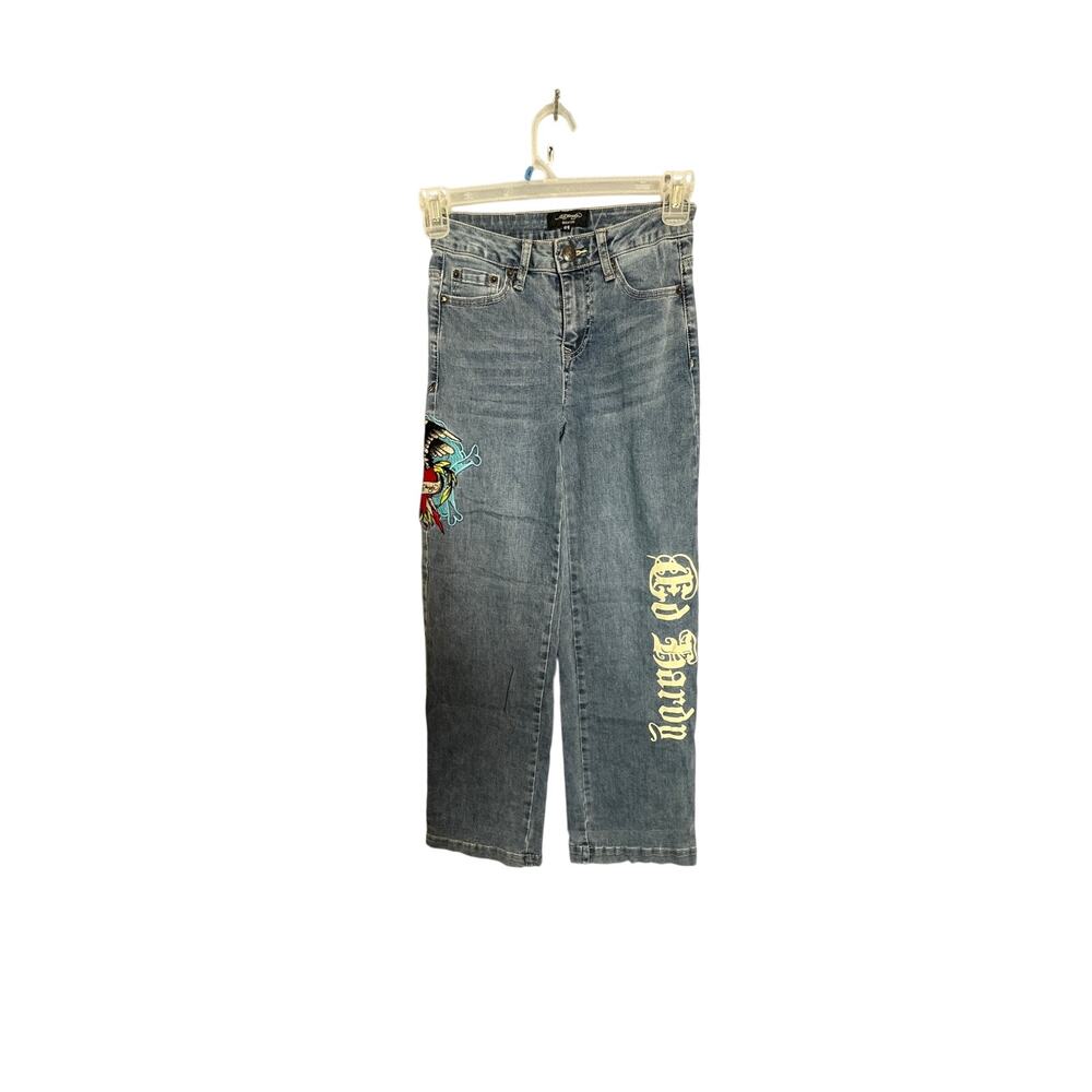 Ed Hardy Womens Blue Eagle Tattoo Embroidered Straight Leg Jeans Size 24